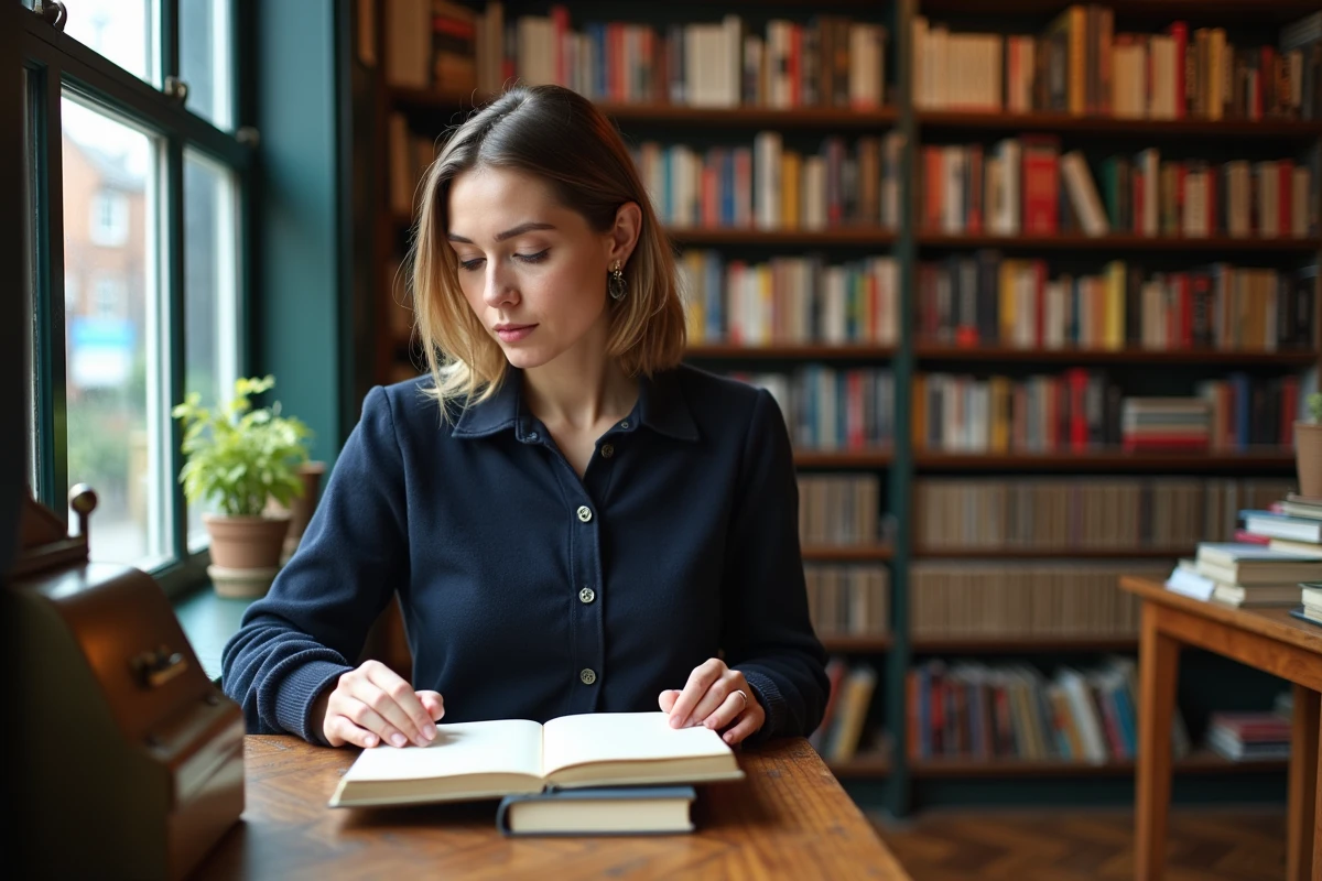Libraire indépendante organisant son inventaire dans une petite librairie de quartier, symbole d'un petit commerce culturel prospère
