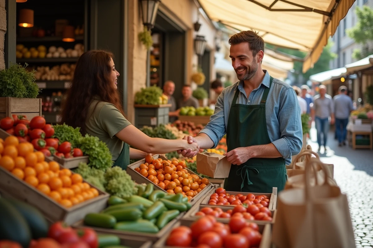 Maraîcher vendant des fruits et légumes frais sur un marché en plein air, représentant la vitalité d'un petit commerce de marché rentable