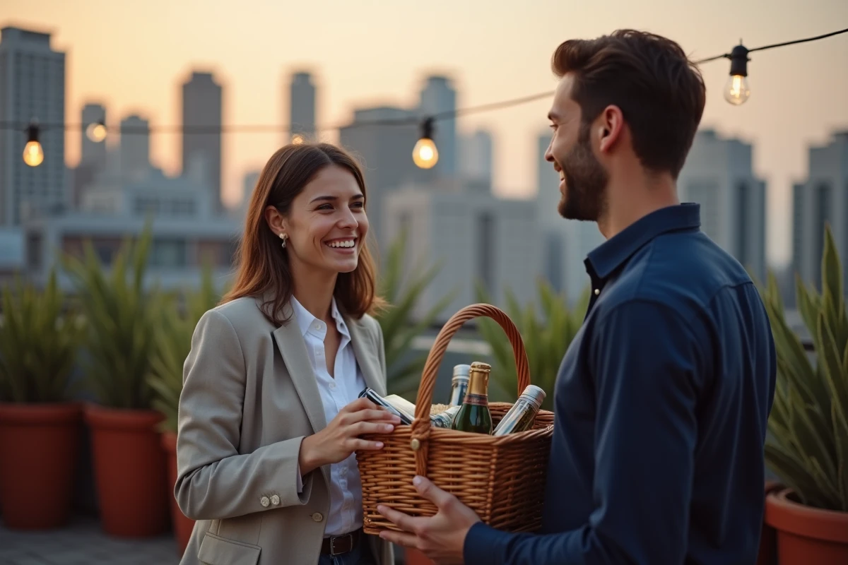 Couple profitant d'un pique-nique surprise sur un toit terrasse au coucher du soleil en ville
