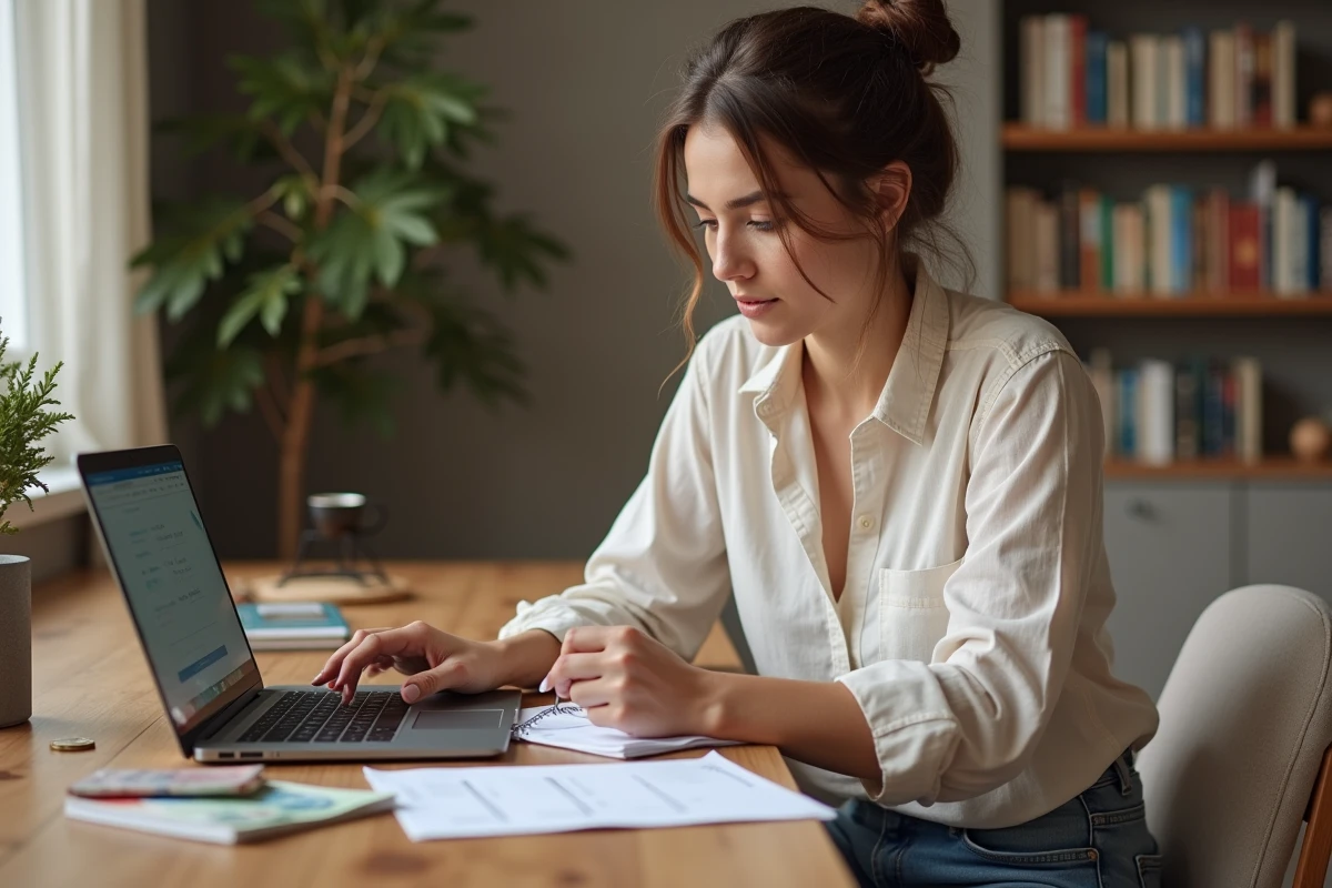 Femme planifiant son budget voyage avec passeport, billets et ordinateur sur une table en bois