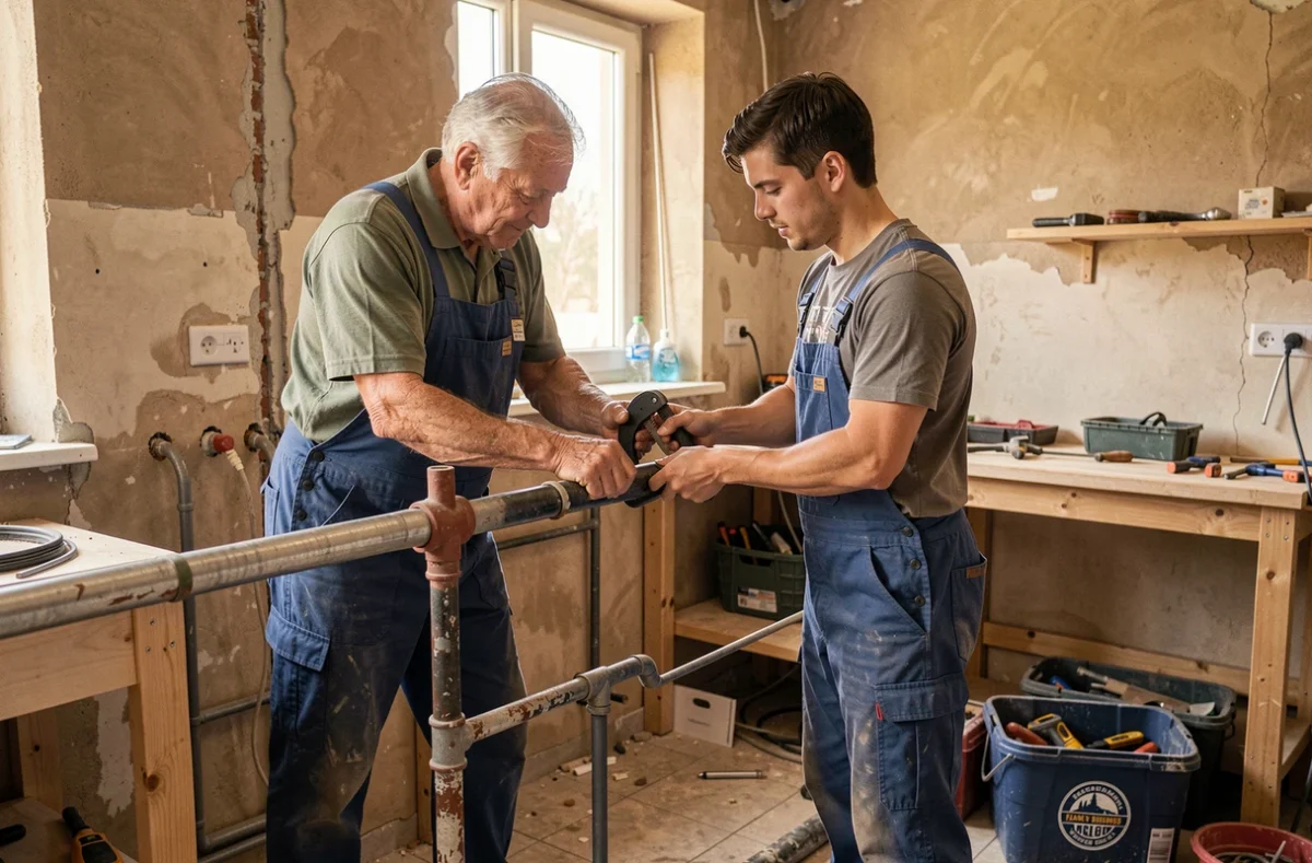 Père et fils de l'entreprise Plombier Thomas et Fils travaillant ensemble sur une installation de plomberie à Tours