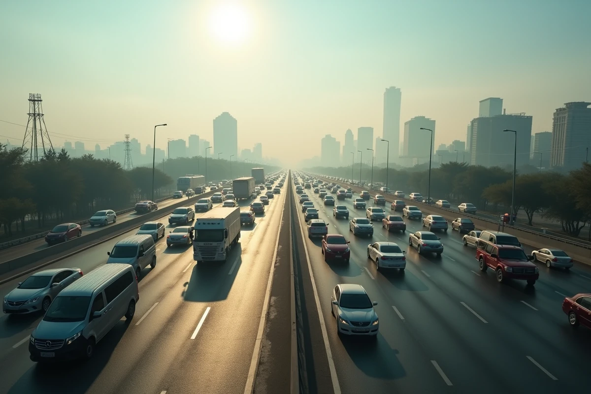 Embouteillage urbain avec émissions de gaz d'échappement illustrant la pollution des transports et ses effets sur le climat