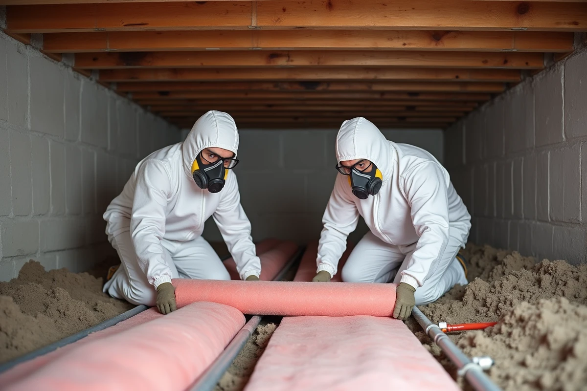 Deux techniciens en combinaison blanche posant une nouvelle isolation en laine de verre sous le plancher d'une maison lors de travaux de rénovation