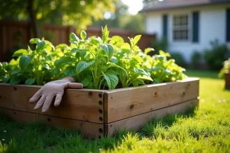 Potager surélevé en bois installé dans un coin ensoleillé de jardin avec rangées de tomates, laitues et herbes aromatiques
