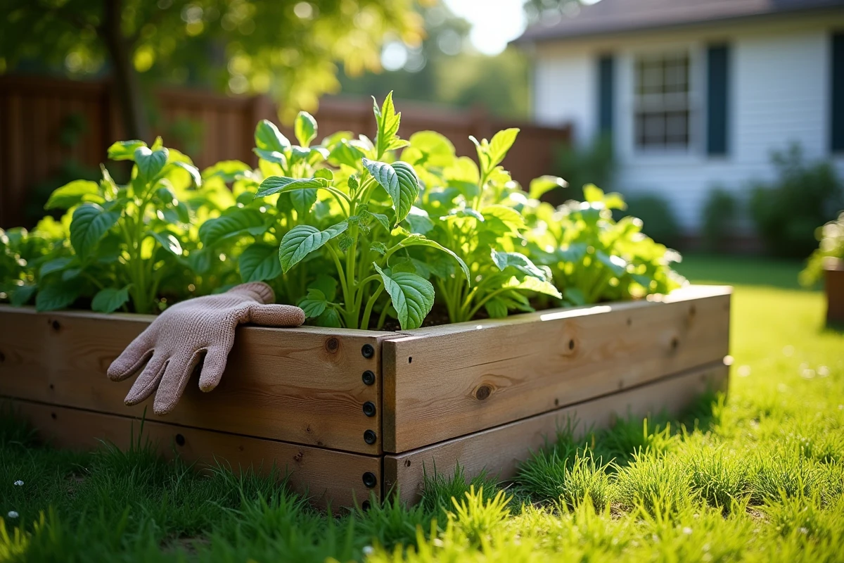 Potager surélevé en bois installé dans un coin ensoleillé de jardin avec rangées de tomates, laitues et herbes aromatiques