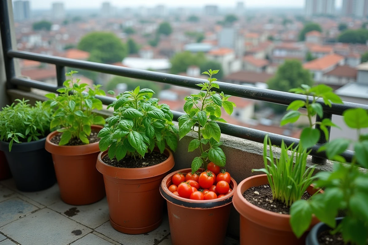 Potager urbain en bacs sur un balcon d'appartement en hauteur avec tomates cerises, basilic et poivrons sur fond de paysage urbain