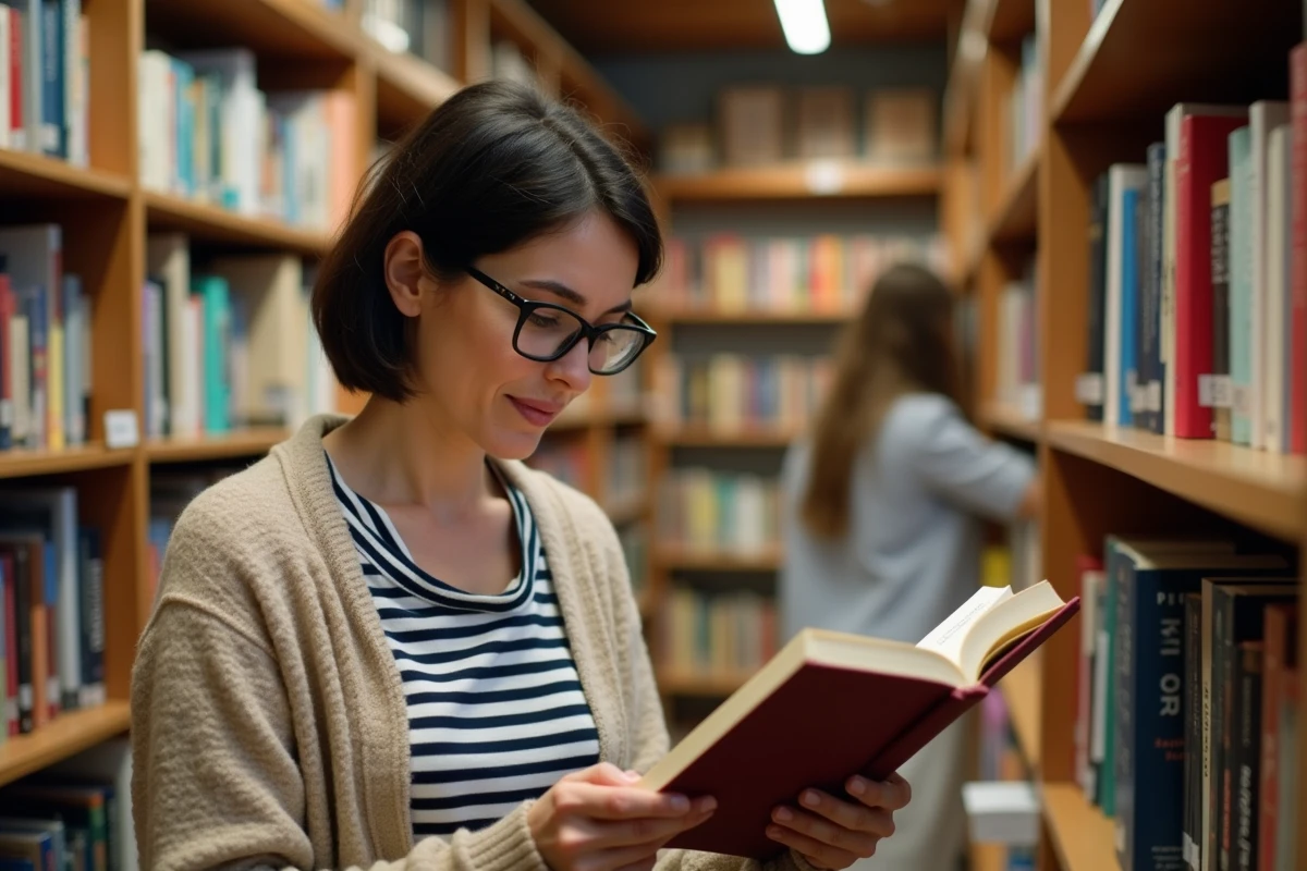Femme française d'une cinquantaine d'années feuilletant un roman dans une librairie indépendante lyonnaise, reflétant le goût des Français pour la lecture et la culture