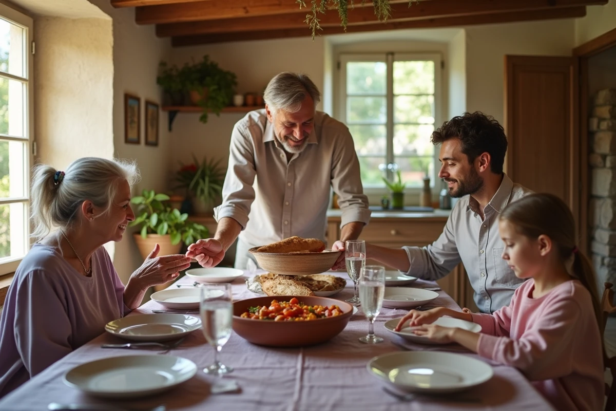 Trois générations d'une famille française partageant un repas dominical autour d'une ratatouille dans une cuisine provençale, symbole des traditions et préférences gastronomiques en France