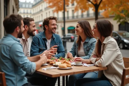 Groupe de Français attablés en terrasse de café parisien autour d'un plateau de fromages et charcuterie, illustrant les préférences culinaires françaises
