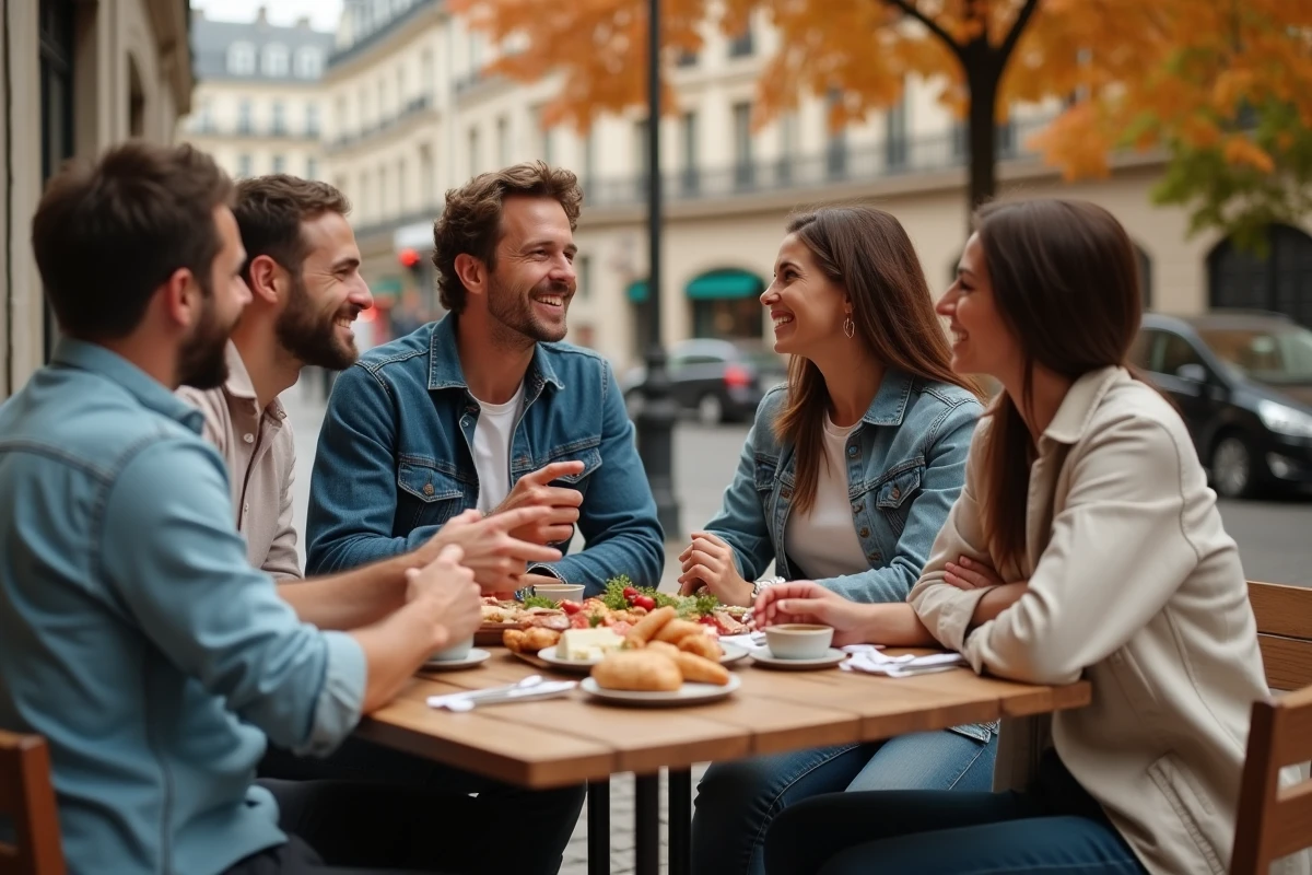 Groupe de Français attablés en terrasse de café parisien autour d'un plateau de fromages et charcuterie, illustrant les préférences culinaires françaises