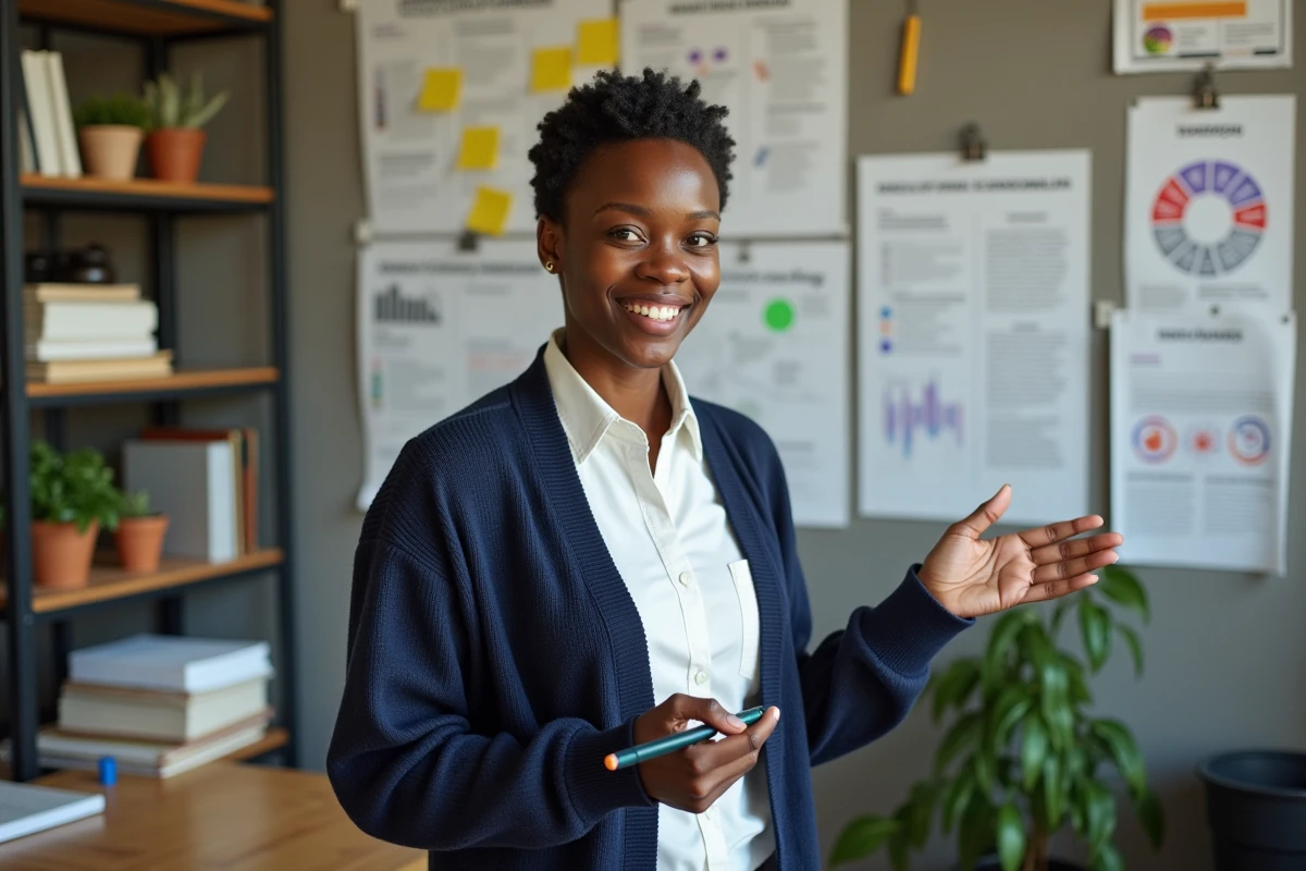 Femme présentant des projets d'économie sociale et solidaire sur un tableau de travail dans les locaux d'une association