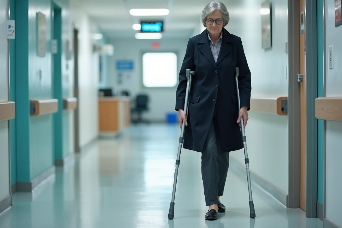 Femme utilisant une béquille dans un couloir hospitalier, représentant les défis de mobilité réduite et de rééducation