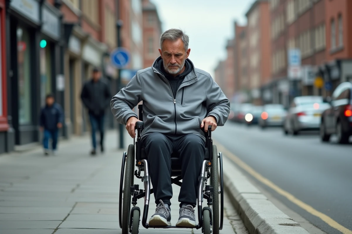 Homme en fauteuil roulant face à un trottoir inaccessible sans rampe, symbolisant les obstacles de mobilité urbaine