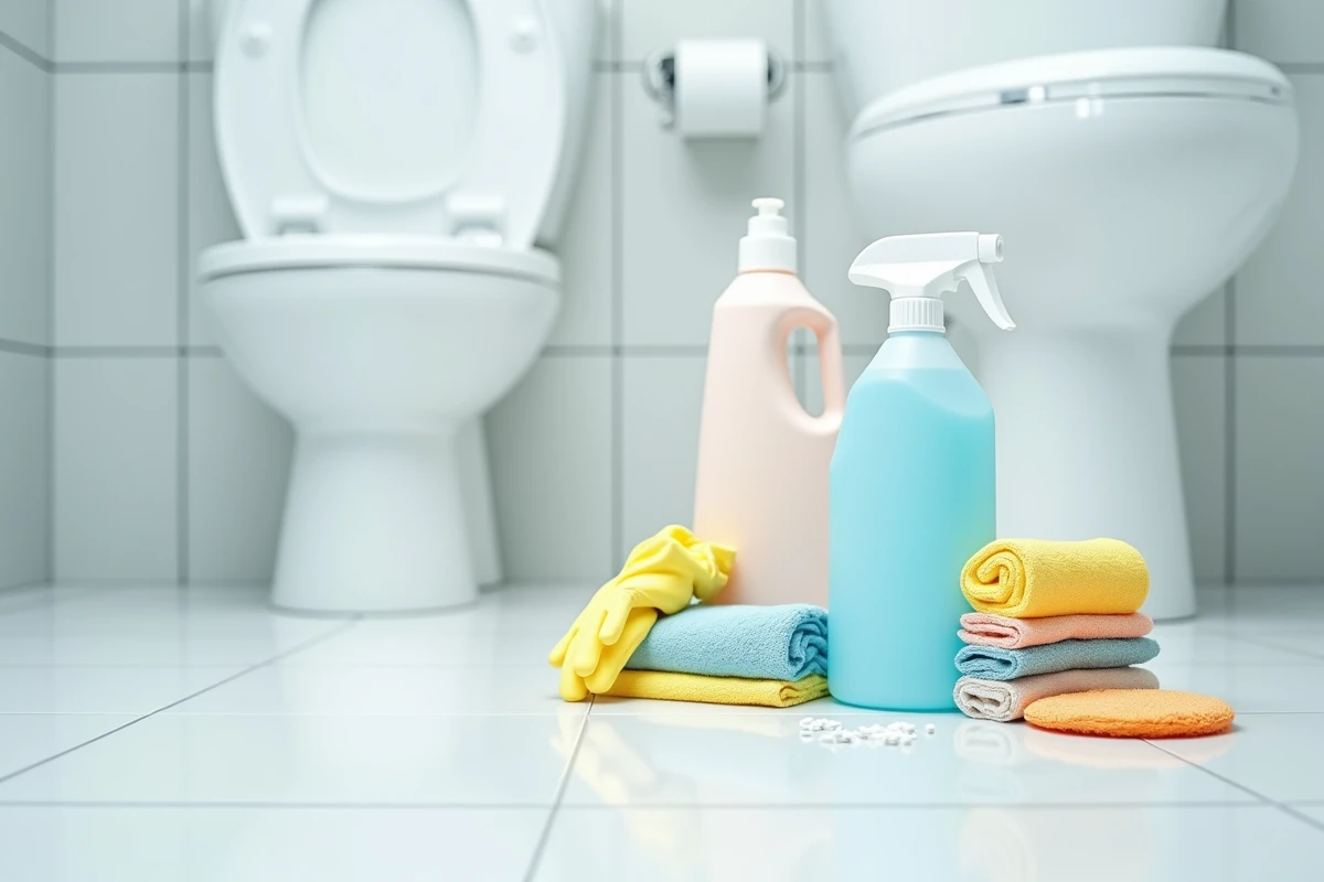 Produits professionnels pour nettoyer les toilettes disposés au sol : désinfectant, gel WC, gants et chiffons microfibre colorés
