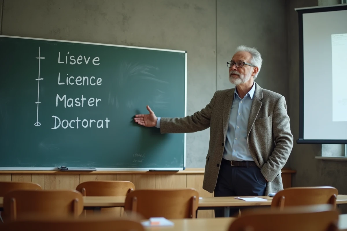 Professeur universitaire expliquant les niveaux du système LMD devant un tableau blanc dans une salle de séminaire