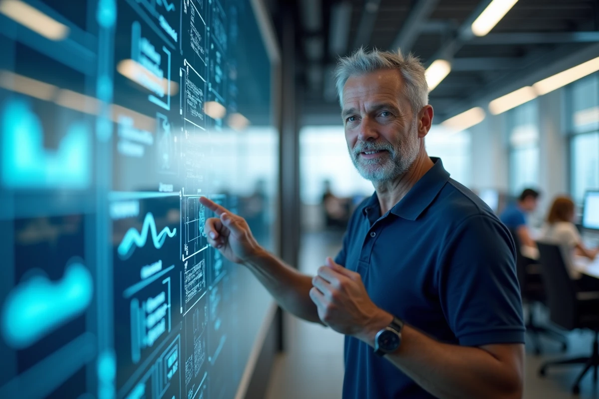 Professionnel présentant les différents types de technologie sur un écran interactif en entreprise