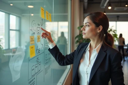 Professionnelle marketing en blazer devant un tableau blanc avec des schémas de stratégie marketing dans un open space moderne