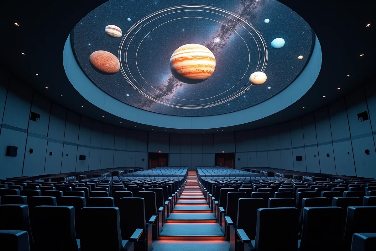 Simulation du système solaire projetée sur le dôme d'un planétarium moderne vide