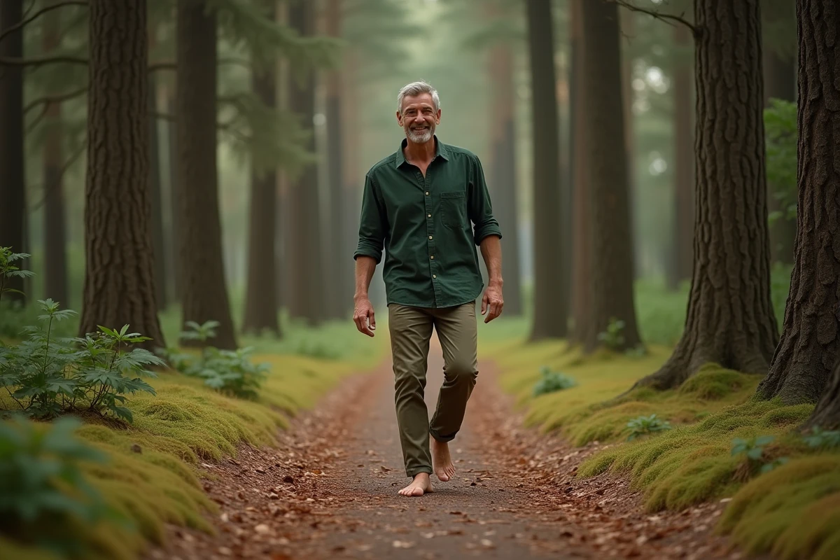Homme se promenant en forêt pour améliorer son humeur et réduire le stress naturellement