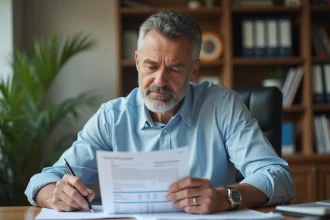 Propriétaire bailleur examinant ses documents fiscaux liés à la taxe foncière et aux revenus locatifs à son bureau