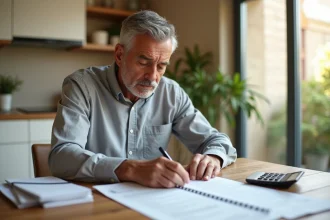 Propriétaire à la cinquantaine examinant des documents immobiliers à sa table de cuisine, illustrant les contraintes de revente d'un bien avant 5 ans