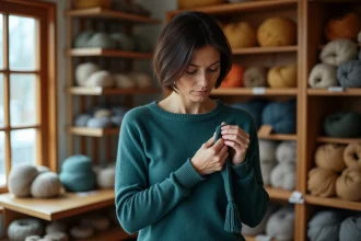 Femme examinant la texture d'un pull en laine mérinos sans boulochage dans une boutique de laine