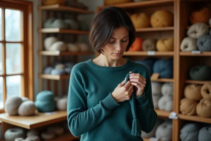Femme examinant la texture d'un pull en laine mérinos sans boulochage dans une boutique de laine