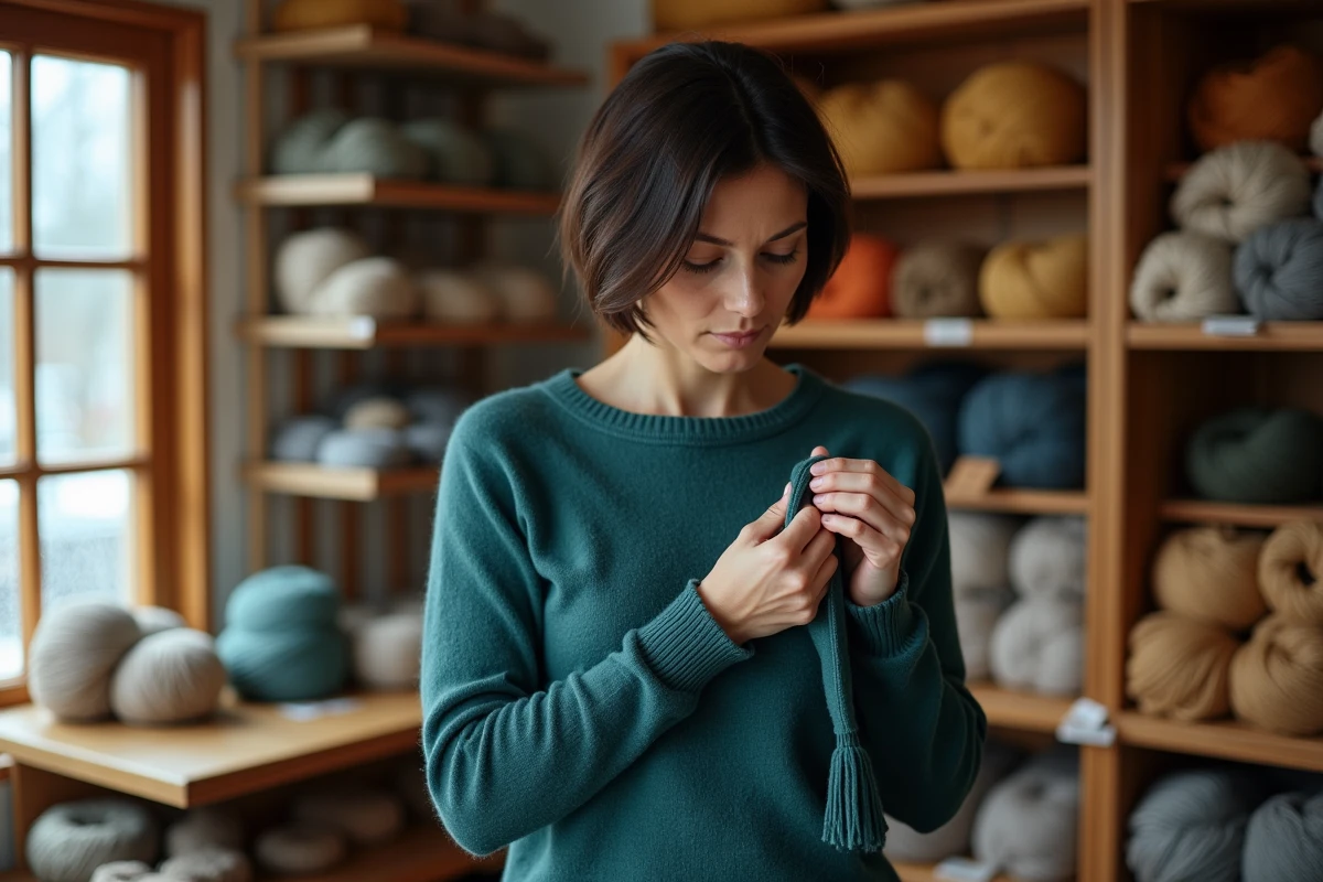 Femme examinant la texture d'un pull en laine mérinos sans boulochage dans une boutique de laine