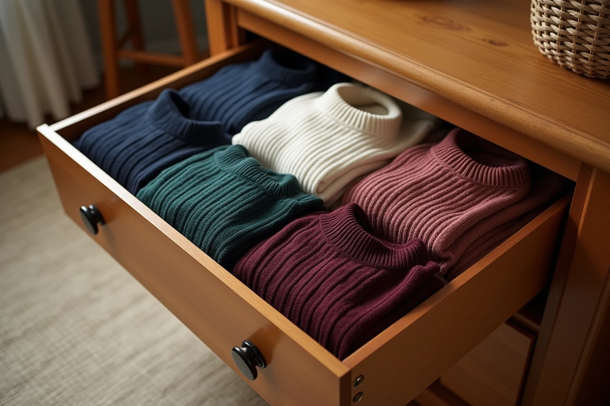 Tiroir de commode avec des pulls rangés verticalement en rangées bien organisées par couleur