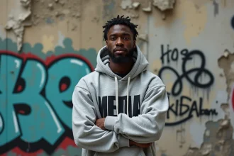 Rappeur français en hoodie streetwear devant un mur de graffitis urbains, illustrant la marque Comme 8