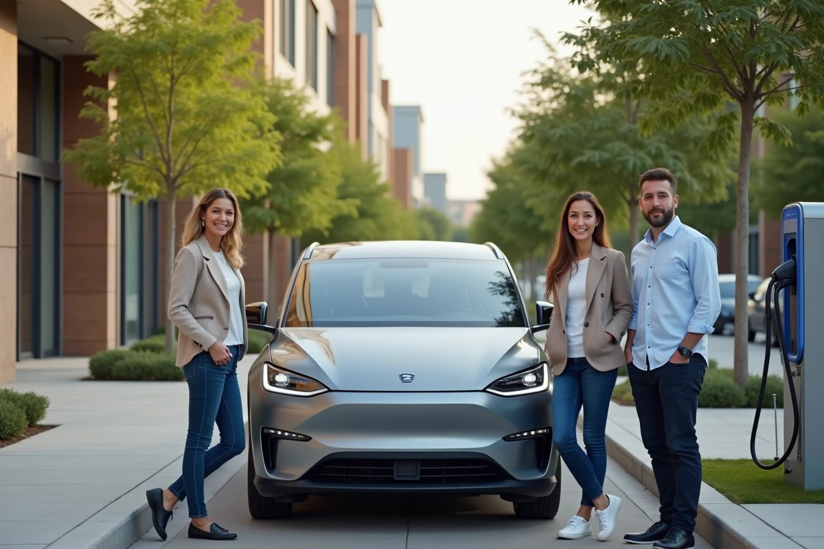 Groupe de personnes adultes utilisant une borne de recharge pour voiture électrique en milieu urbain, symbolisant la transition énergétique automobile