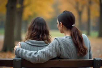 Deux amies assises sur un banc en bois, l'une réconfortant l'autre d'une main posée sur l'épaule, dans un parc aux tons automnaux