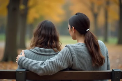 Deux amies assises sur un banc en bois, l'une réconfortant l'autre d'une main posée sur l'épaule, dans un parc aux tons automnaux