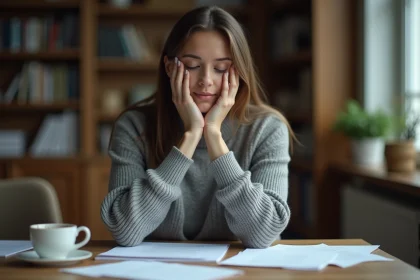 Femme épuisée posant la tête sur ses mains devant un bureau encombré, illustrant le burn-out et la fatigue mentale