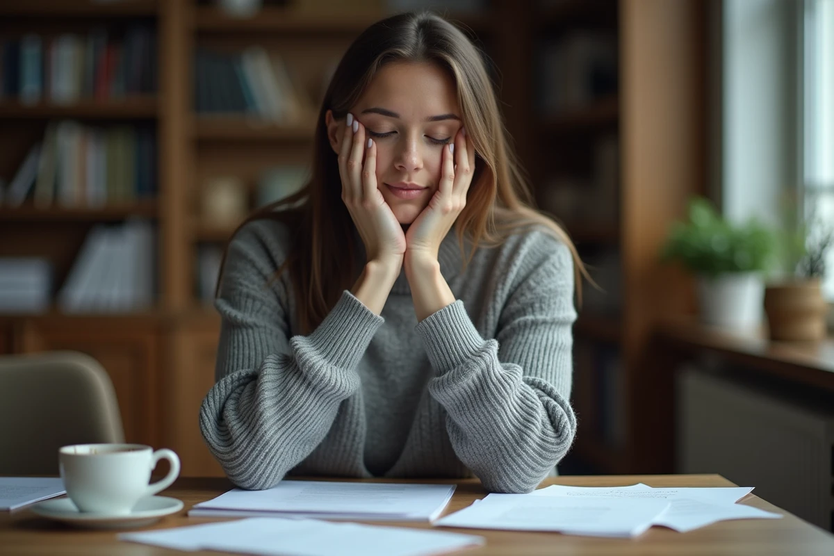 Femme épuisée posant la tête sur ses mains devant un bureau encombré, illustrant le burn-out et la fatigue mentale