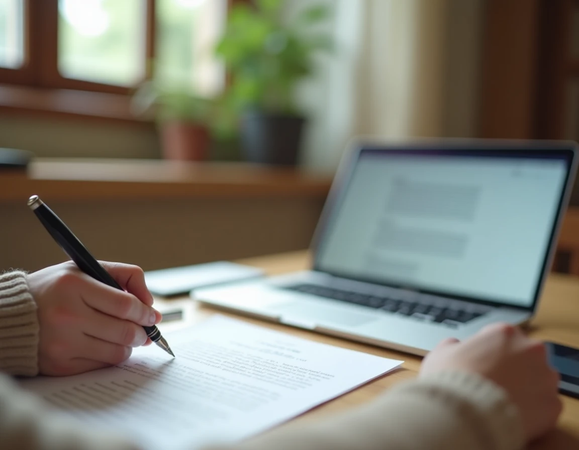 Rédaction d'un courrier formel adressé à un huissier de justice avec stylo plume et ordinateur