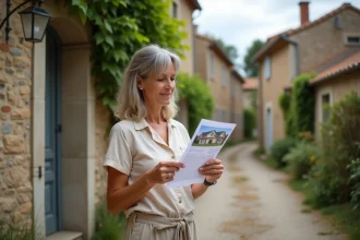 Femme devant une maison en pierre abordable dans un village rural français, symbolisant le coût de la vie faible dans les régions les moins chères de France