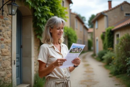 Femme devant une maison en pierre abordable dans un village rural français, symbolisant le coût de la vie faible dans les régions les moins chères de France