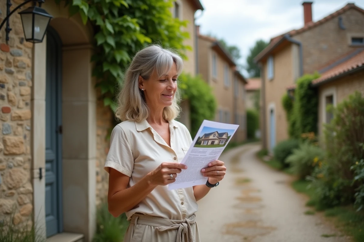 Femme devant une maison en pierre abordable dans un village rural français, symbolisant le coût de la vie faible dans les régions les moins chères de France
