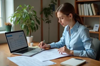 Jeune femme révisant ses documents de remboursement de prêt étudiant à son bureau à domicile