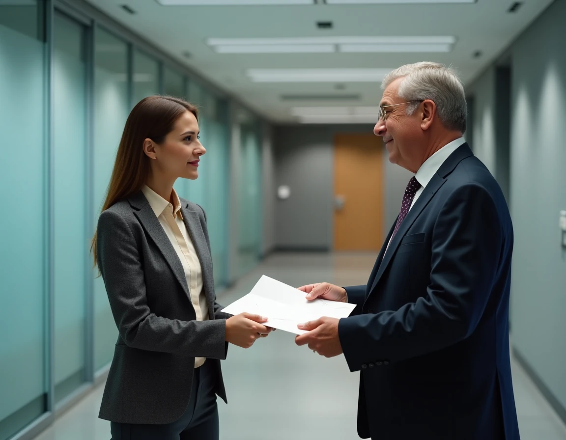 Remise en main propre d'un courrier officiel à un huissier dans un couloir professionnel