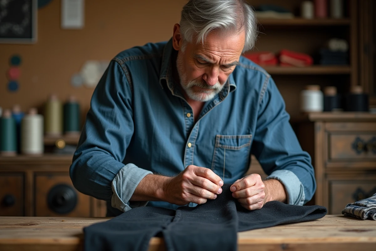 Homme réparant un pantalon en laine durable dans un atelier artisanal, symbolisant la longévité des vêtements de qualité