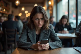 Femme seule dans un café parisien absorbée par son smartphone, illustrant l'isolement numérique face à la démocratie participative