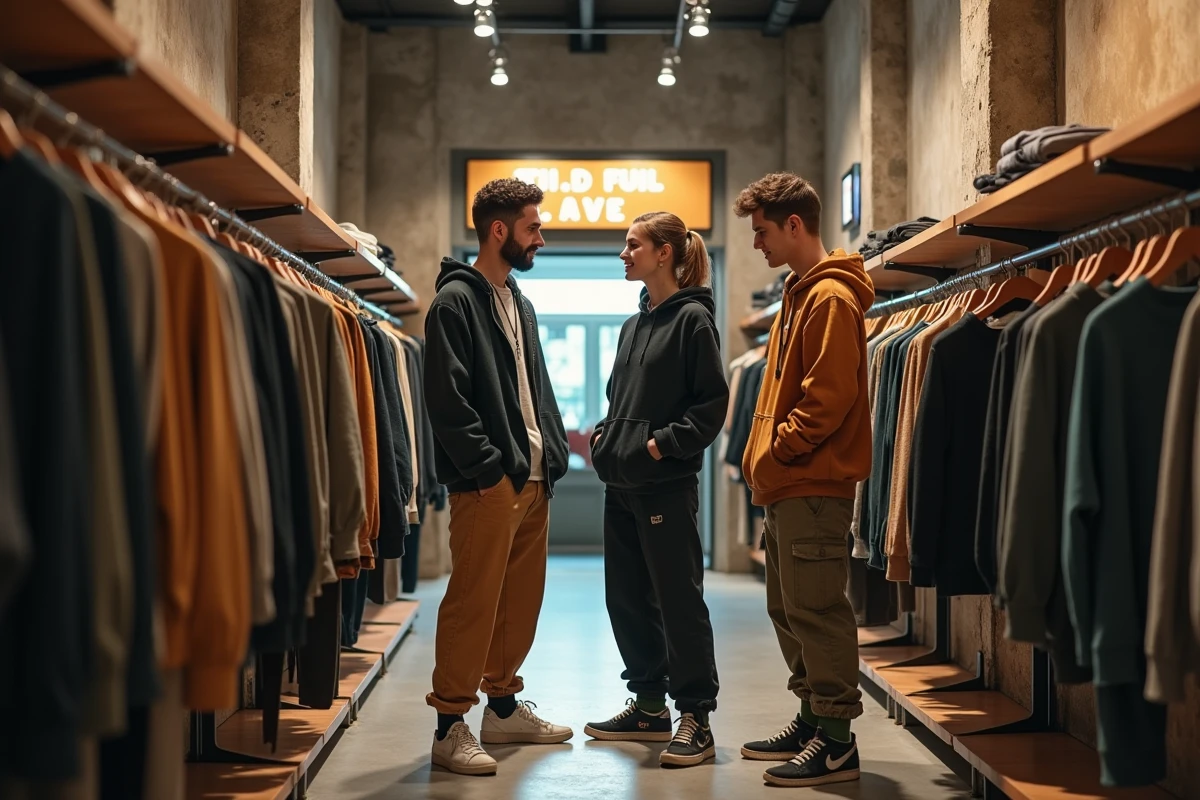 Groupe de jeunes dans une boutique streetwear indépendante en train de choisir des vêtements