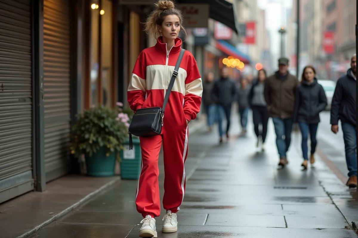 Femme portant un survêtement colorblock streetwear dans une rue commerçante animée