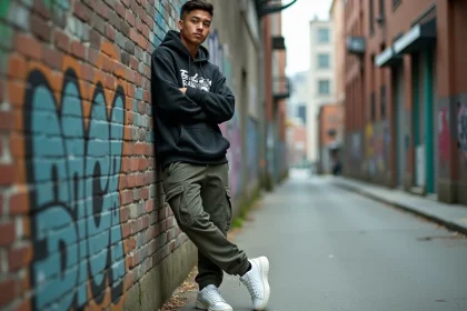 Jeune homme en tenue streetwear moderne devant un mur de graffitis en milieu urbain