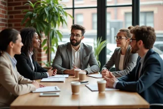 Groupe de professionnels en réunion collaborative autour d'une table dans un espace de co-working, illustrant le travail en commun au sein d'un dispositif ESS