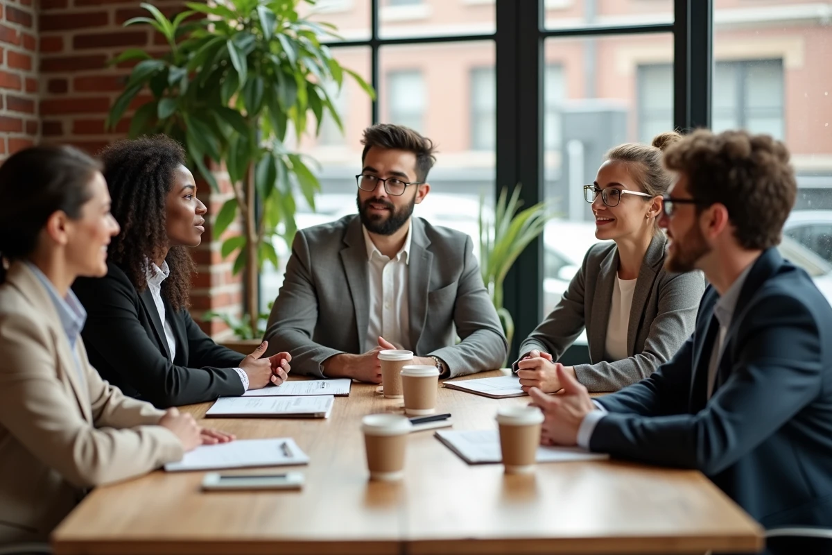 Groupe de professionnels en réunion collaborative autour d'une table dans un espace de co-working, illustrant le travail en commun au sein d'un dispositif ESS