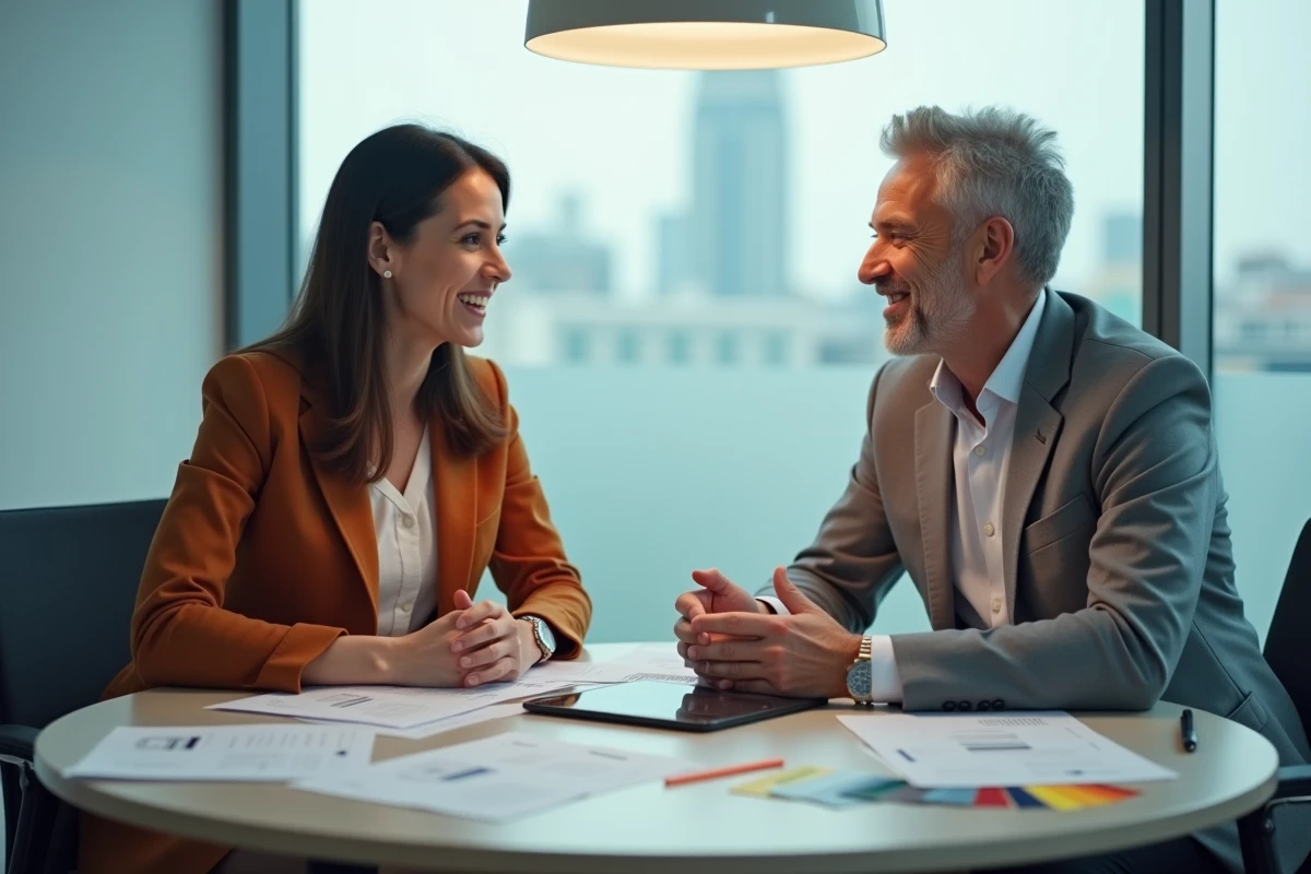 Deux professionnels du marketing en réunion discutant d'une stratégie de campagne avec des briefs imprimés et des échantillons de couleurs
