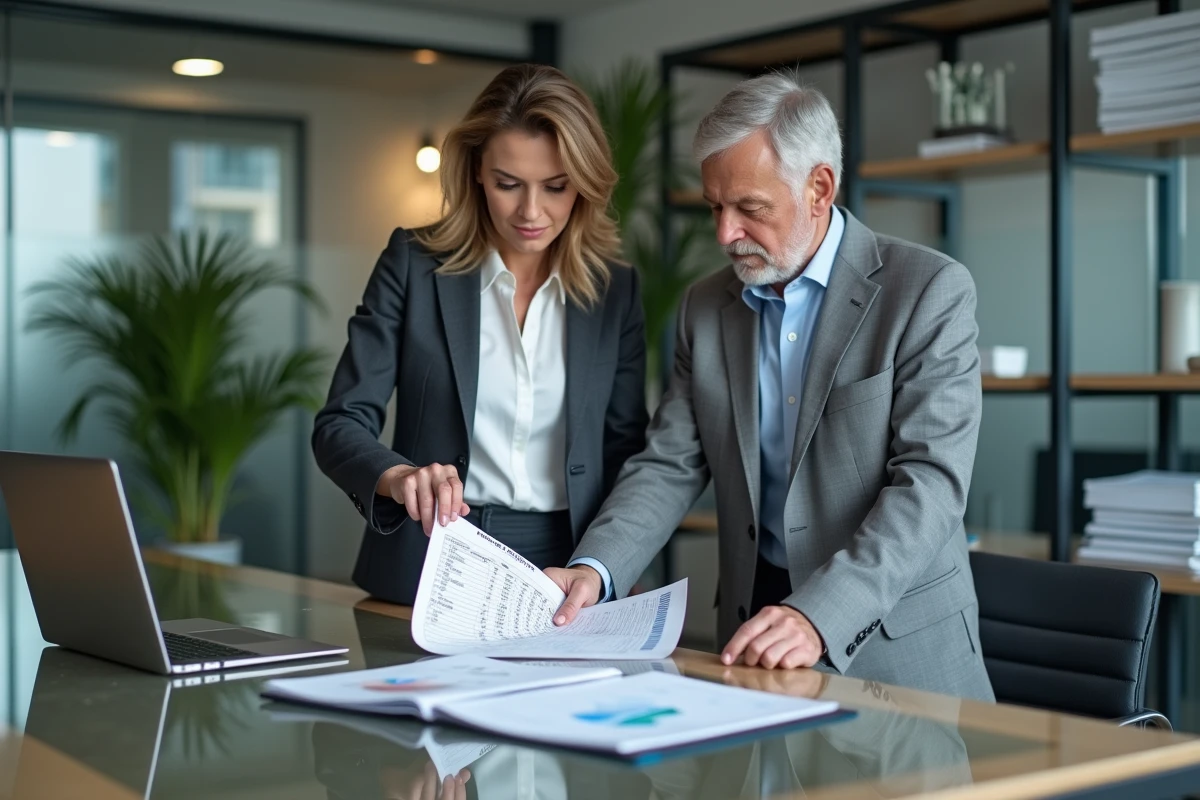Deux professionnels de l'immobilier discutant des stratégies d'exonération de plus-value dans une SCI en salle de réunion